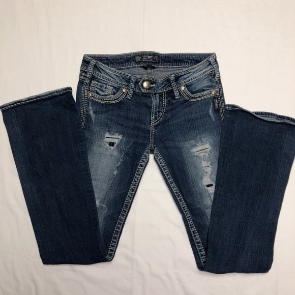 Silver Jeans Co. Tuesday Flap distressed ripped 5 pocket women's W27 L33 studded - Picture 1 of 16